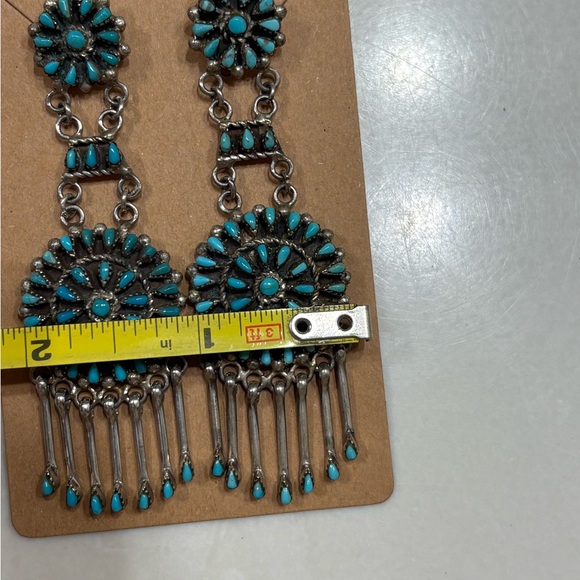 Vintage Native American Silver & Turquoise Double Drop Fringe Earrings - Picture 7 of 9